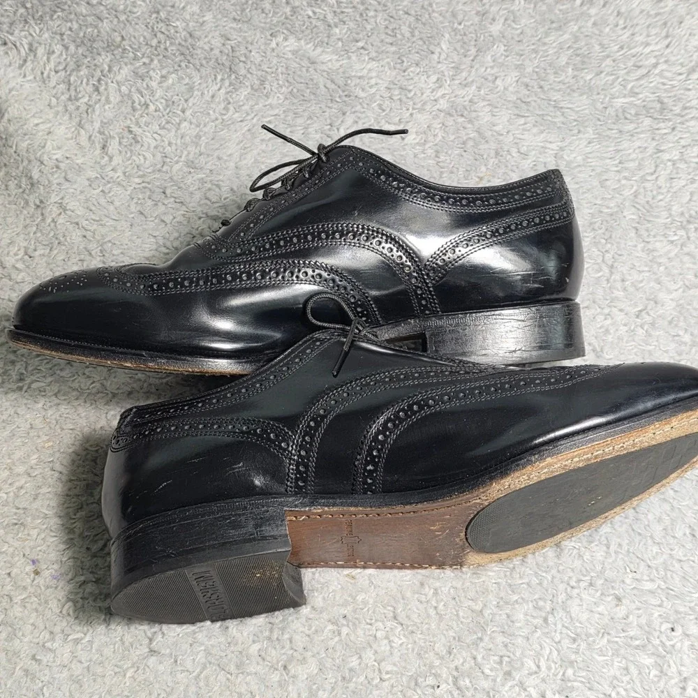 VTG Florsheim Wingtip Oxfords Black Leather Brogue Dress Shoes Mens 10.5 D